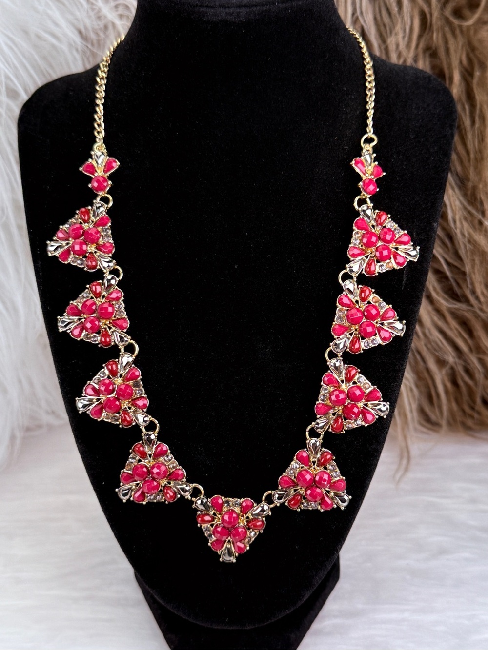 Statement Floral Rhinestone Necklace Pink Red Gold Tone Crystal Bib